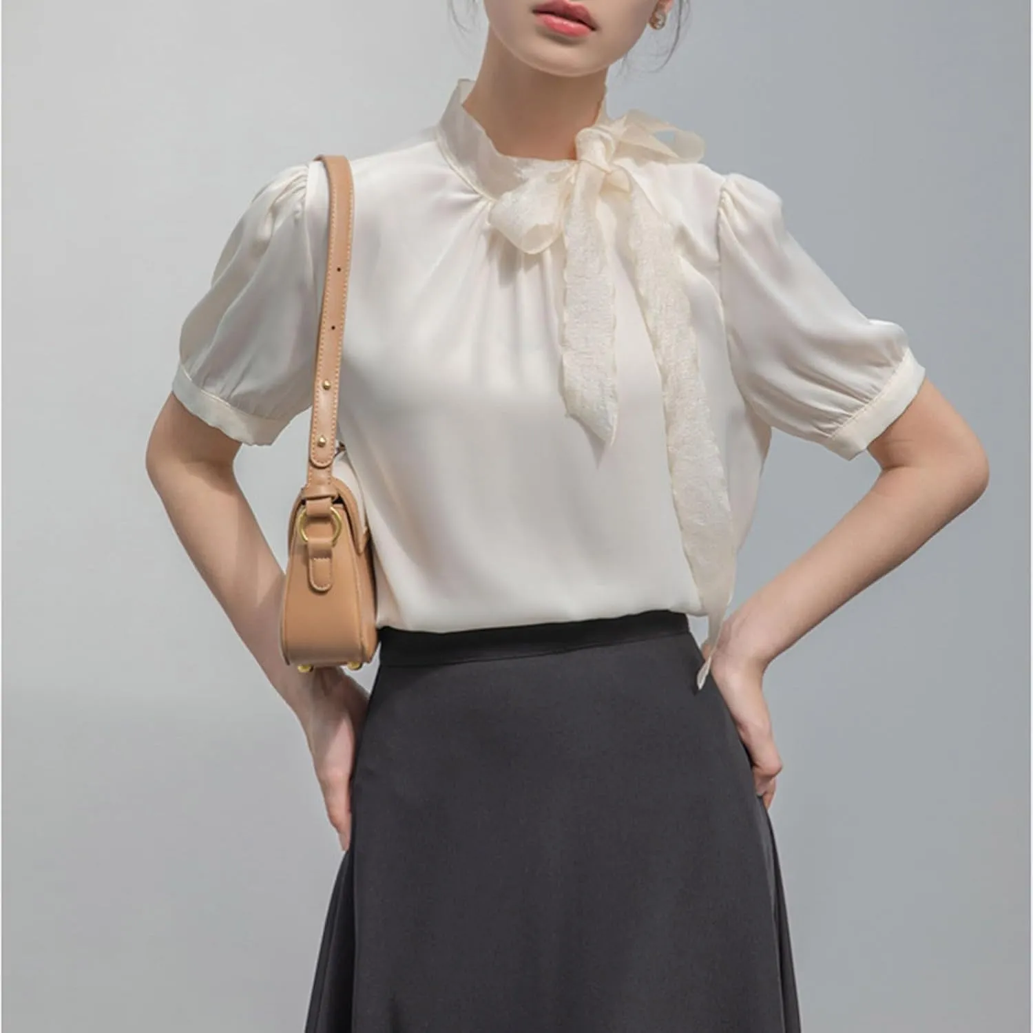 Womens Short Sleeves T-Shirts Summer Fashion Mock Neck Bow Tie Pleated Tops Loose Elegnat Comfy Casual Tee Shirts