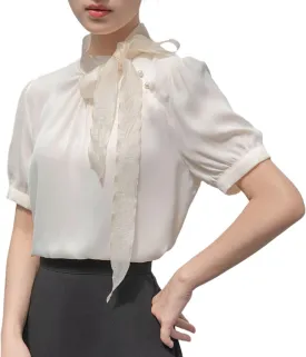 Womens Short Sleeves T-Shirts Summer Fashion Mock Neck Bow Tie Pleated Tops Loose Elegnat Comfy Casual Tee Shirts