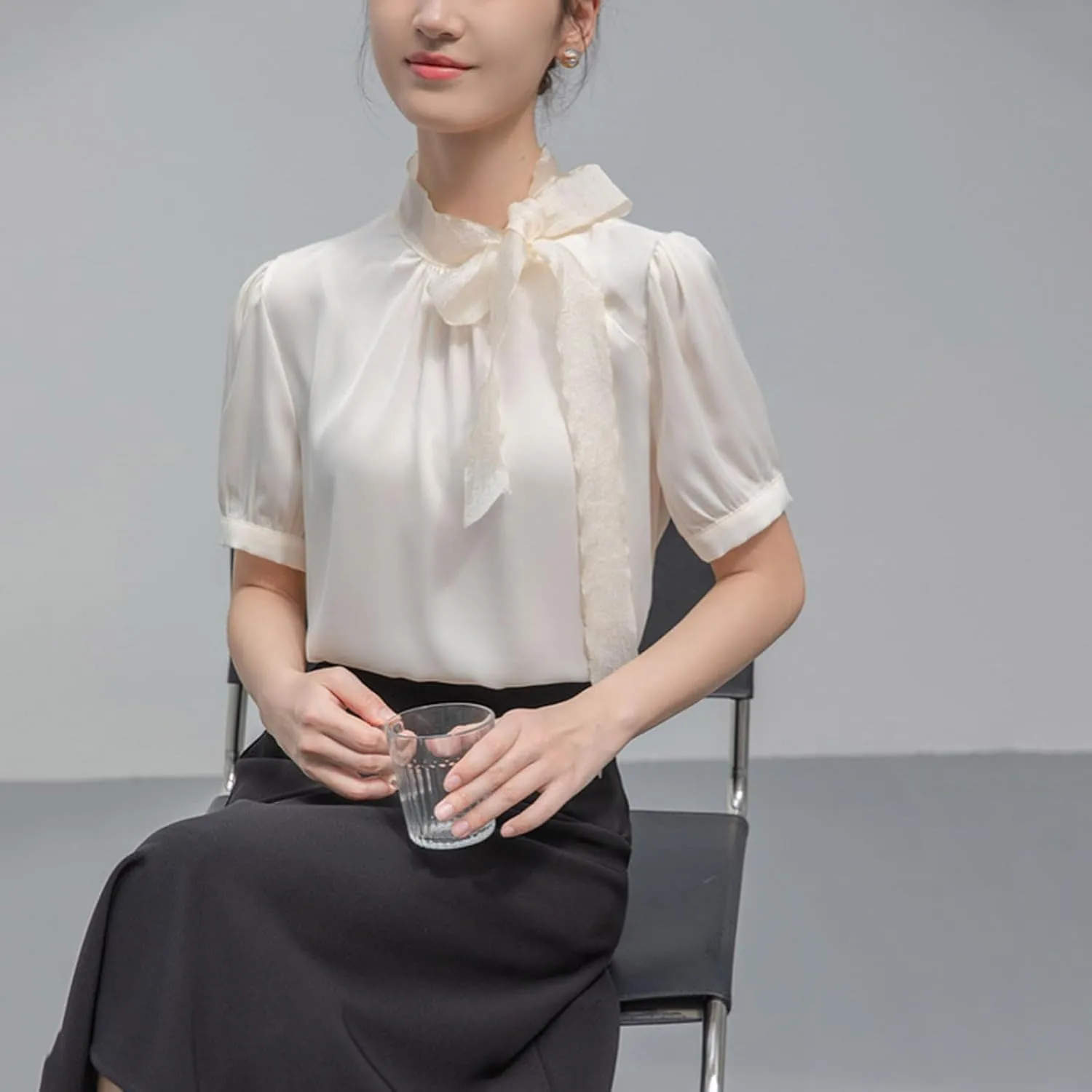 Womens Short Sleeves T-Shirts Summer Fashion Mock Neck Bow Tie Pleated Tops Loose Elegnat Comfy Casual Tee Shirts