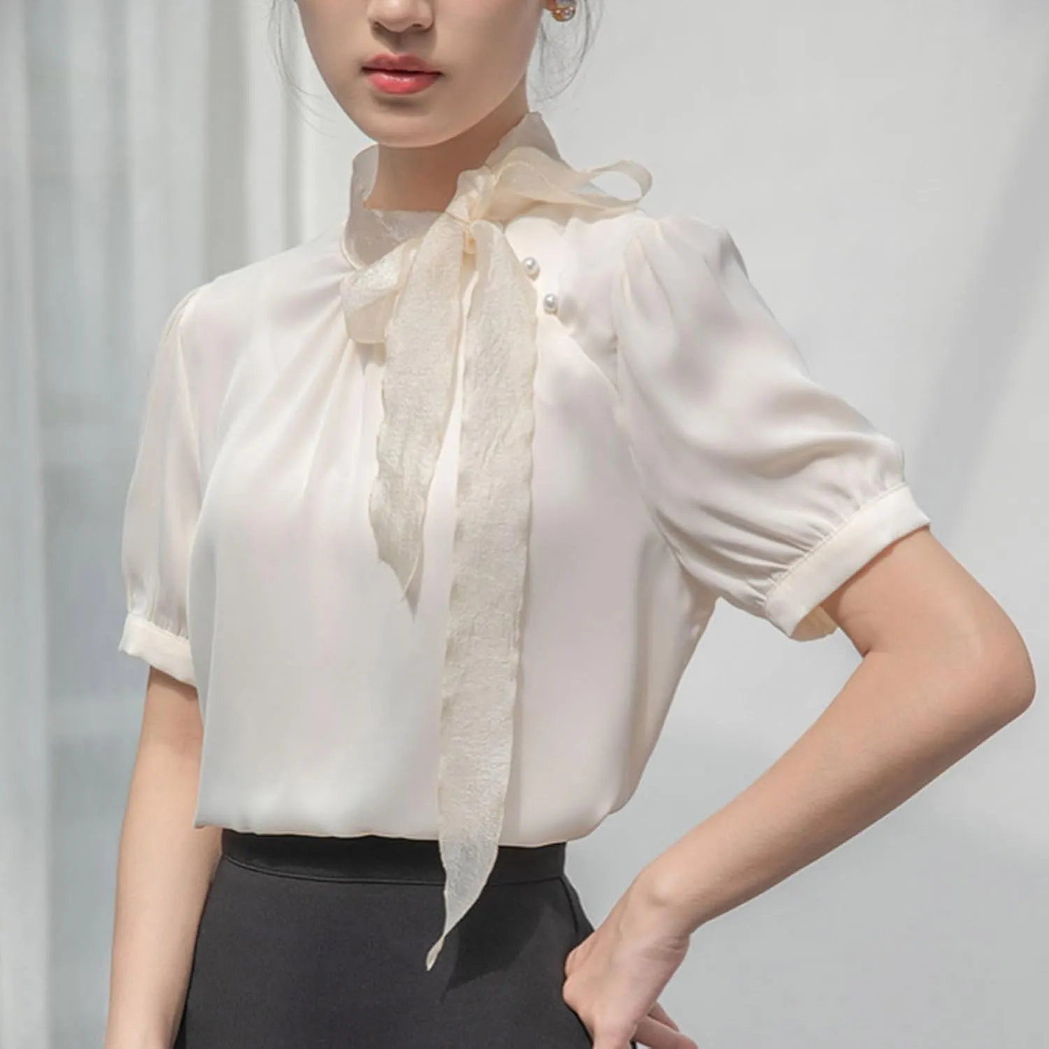 Womens Short Sleeves T-Shirts Summer Fashion Mock Neck Bow Tie Pleated Tops Loose Elegnat Comfy Casual Tee Shirts