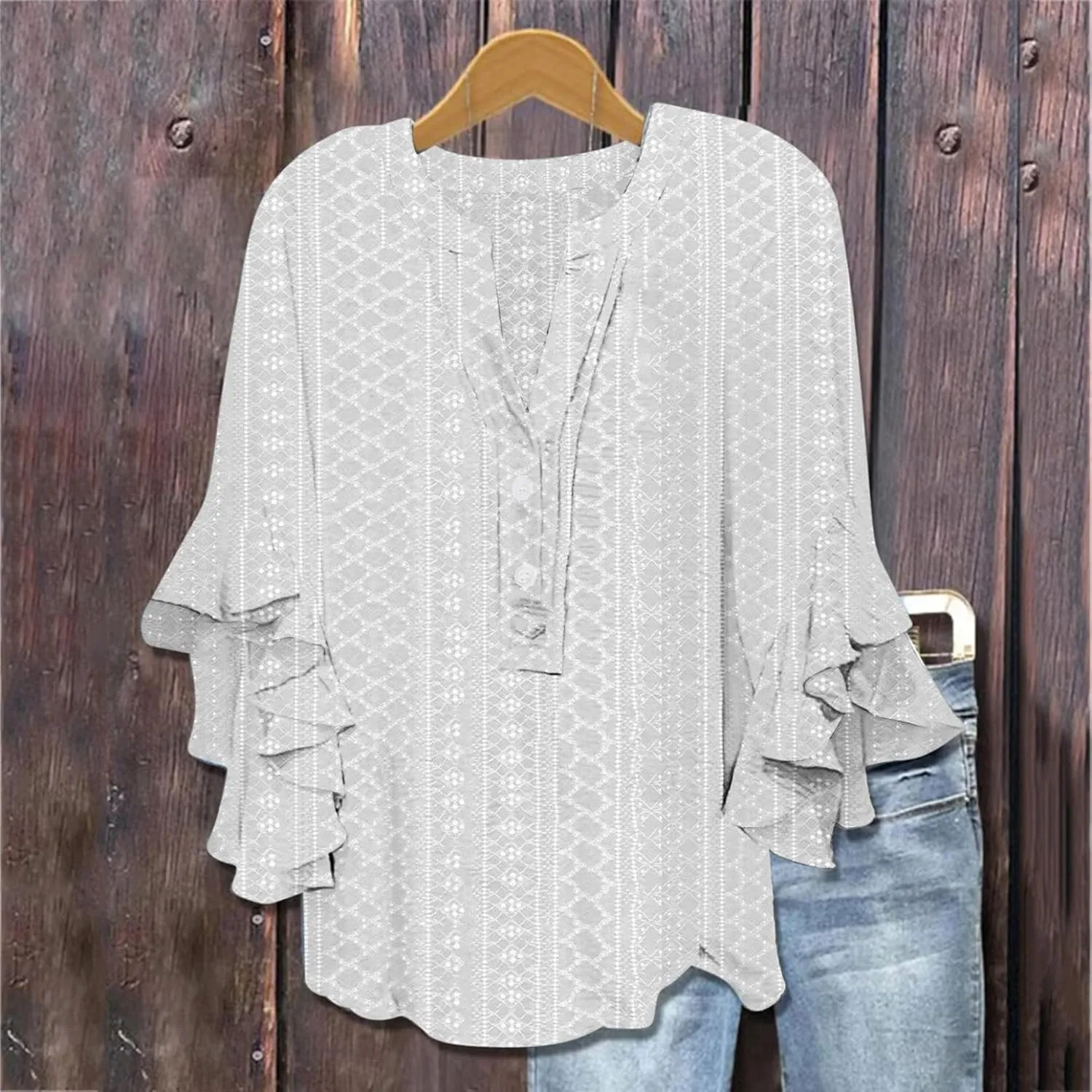Womens Tops Elegant 3/4 Lace Sleeves V-Neck Button Up Hollow Out Tunic Top T-Shirt Solid Color Loose Tee 2025