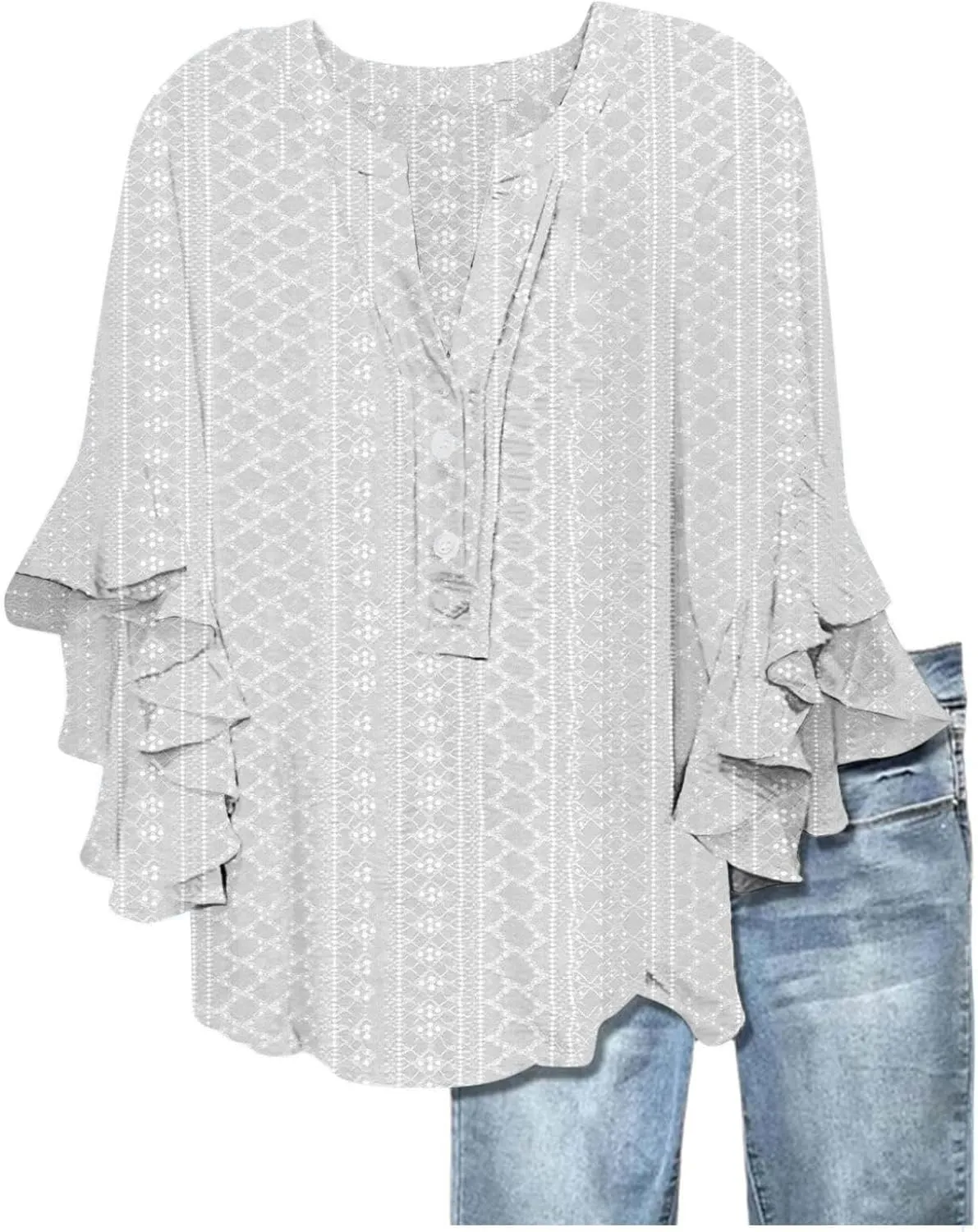 Womens Tops Elegant 3/4 Lace Sleeves V-Neck Button Up Hollow Out Tunic Top T-Shirt Solid Color Loose Tee 2025