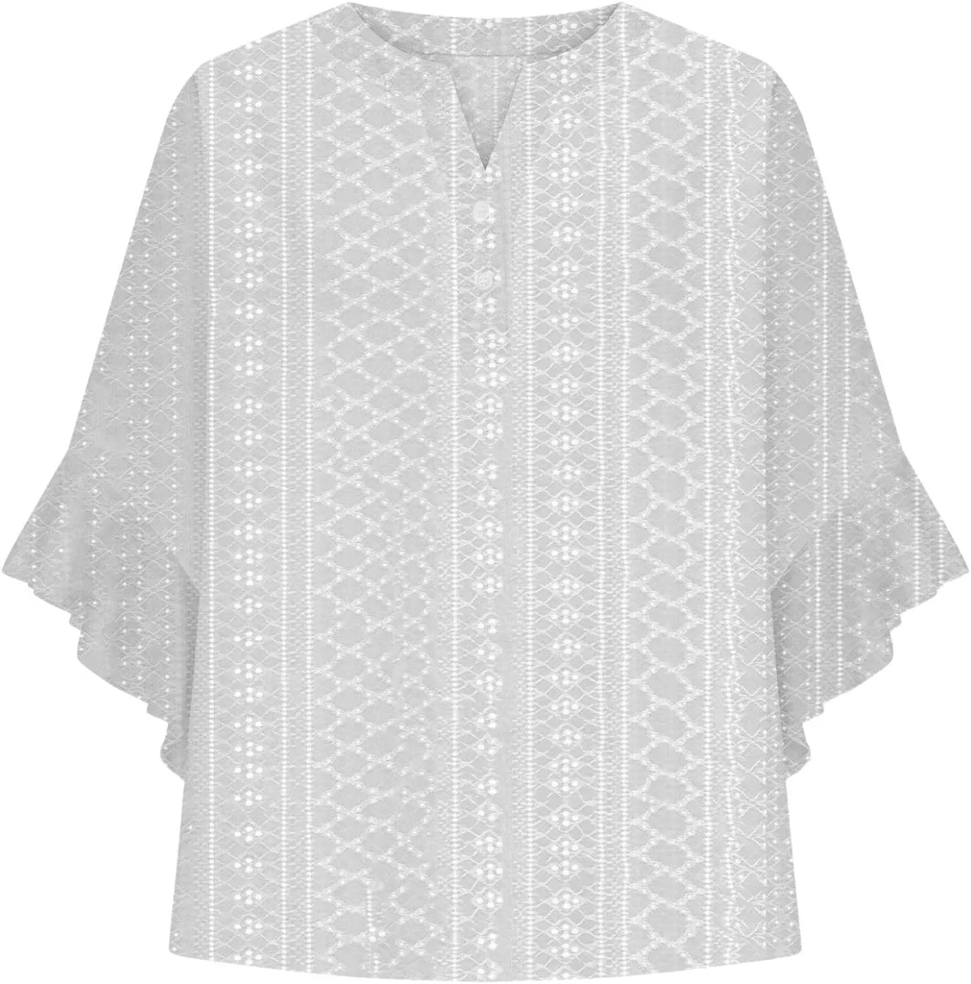 Womens Tops Elegant 3/4 Lace Sleeves V-Neck Button Up Hollow Out Tunic Top T-Shirt Solid Color Loose Tee 2025