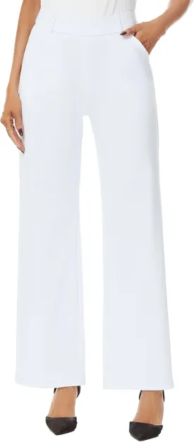 Womens Wide Straight Leg Pull-On Trousers Casual Slacks Dress Pants with Pockets