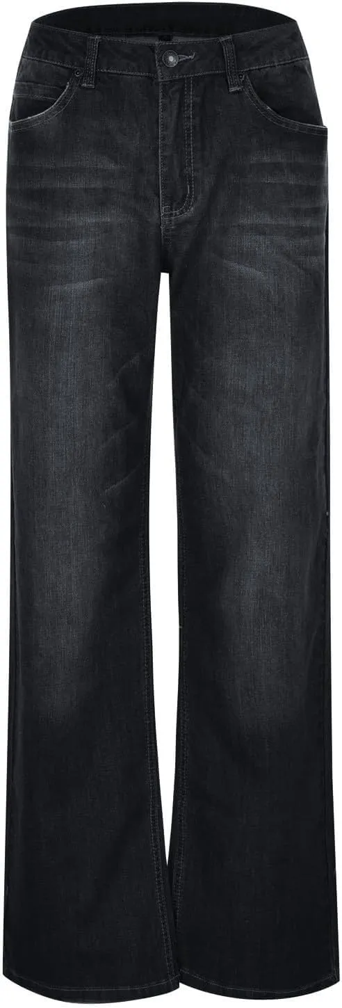 Women's Work Jeans - Trendy Stretchy Retro Wash Old High Waisted Pull On Jeggings Loose Straight Leg Cute Jeans