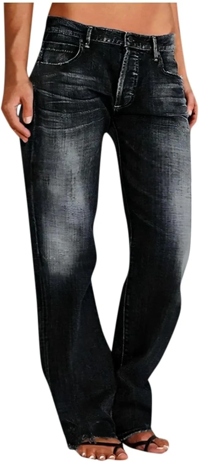 Women's Work Jeans - Trendy Stretchy Retro Wash Old High Waisted Pull On Jeggings Loose Straight Leg Cute Jeans