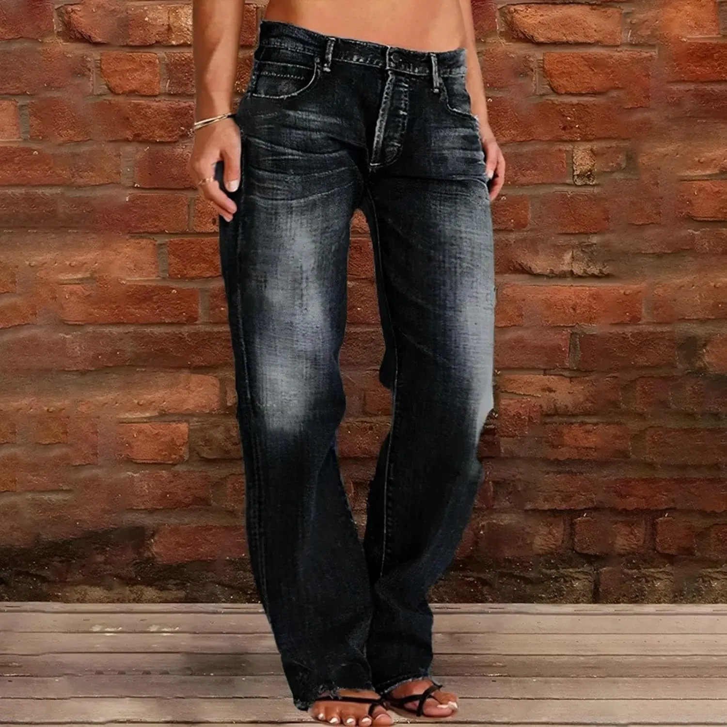 Women's Work Jeans - Trendy Stretchy Retro Wash Old High Waisted Pull On Jeggings Loose Straight Leg Cute Jeans