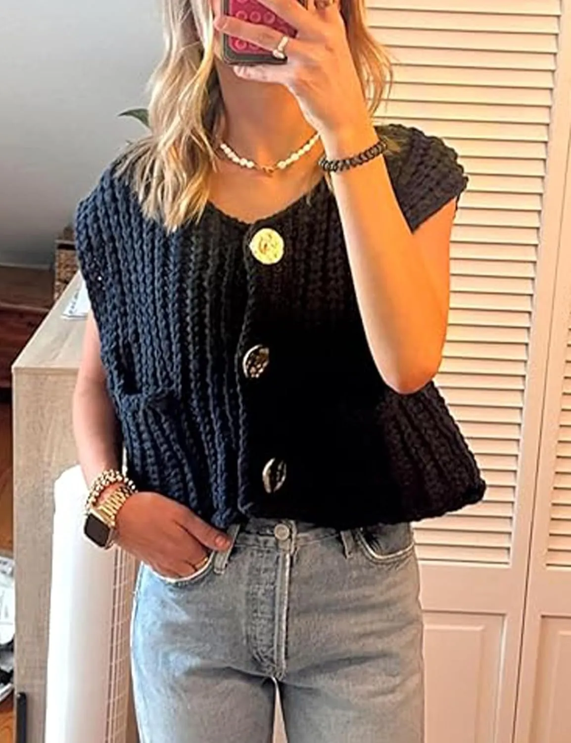 Yimoon Sweater Vest Women Sleeveless Cropped Button Down Chunky Knit Cardigan Casual Knitted Sweater Vest with Pockets