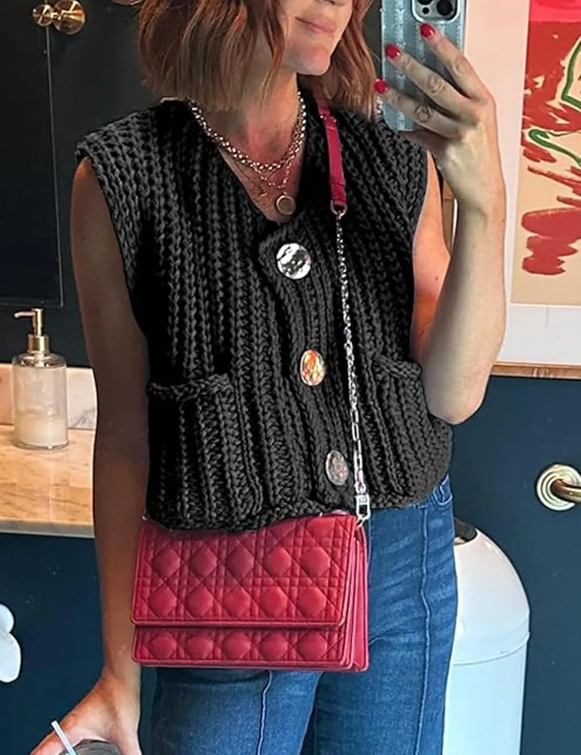 Yimoon Sweater Vest Women Sleeveless Cropped Button Down Chunky Knit Cardigan Casual Knitted Sweater Vest with Pockets