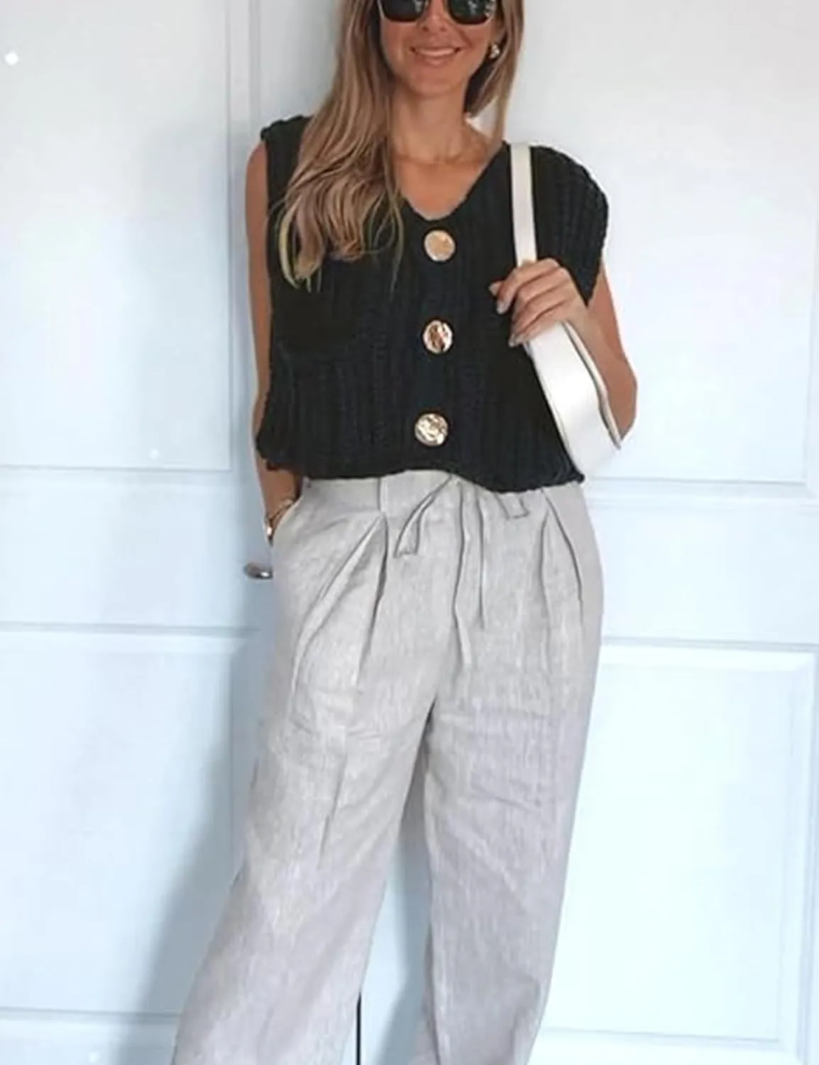 Yimoon Sweater Vest Women Sleeveless Cropped Button Down Chunky Knit Cardigan Casual Knitted Sweater Vest with Pockets
