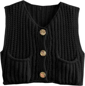 Yimoon Sweater Vest Women Sleeveless Cropped Button Down Chunky Knit Cardigan Casual Knitted Sweater Vest with Pockets