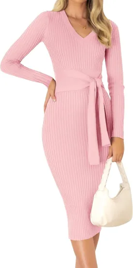ZESICA Women's Spring Sweater Dress V Neck Long Sleeve Ribbed Knit Tie Waist Slim Fit Bodycon Midi Dresses