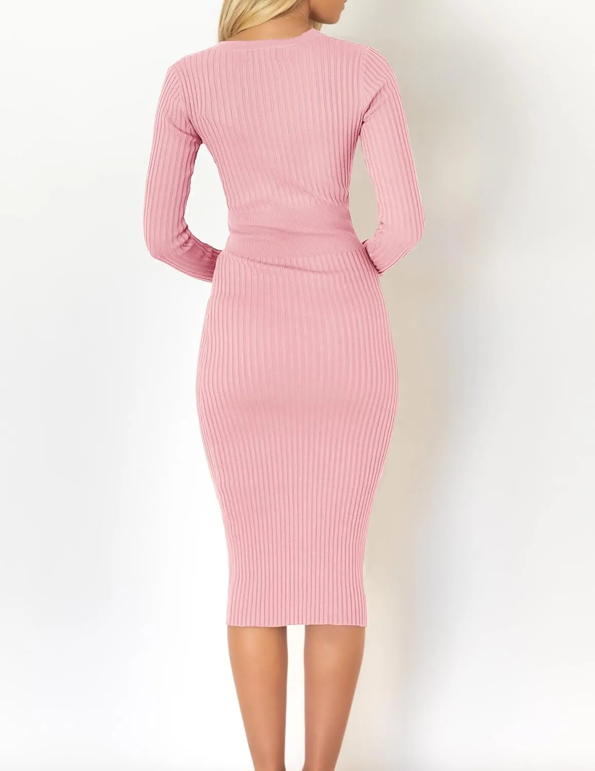 ZESICA Women's Spring Sweater Dress V Neck Long Sleeve Ribbed Knit Tie Waist Slim Fit Bodycon Midi Dresses