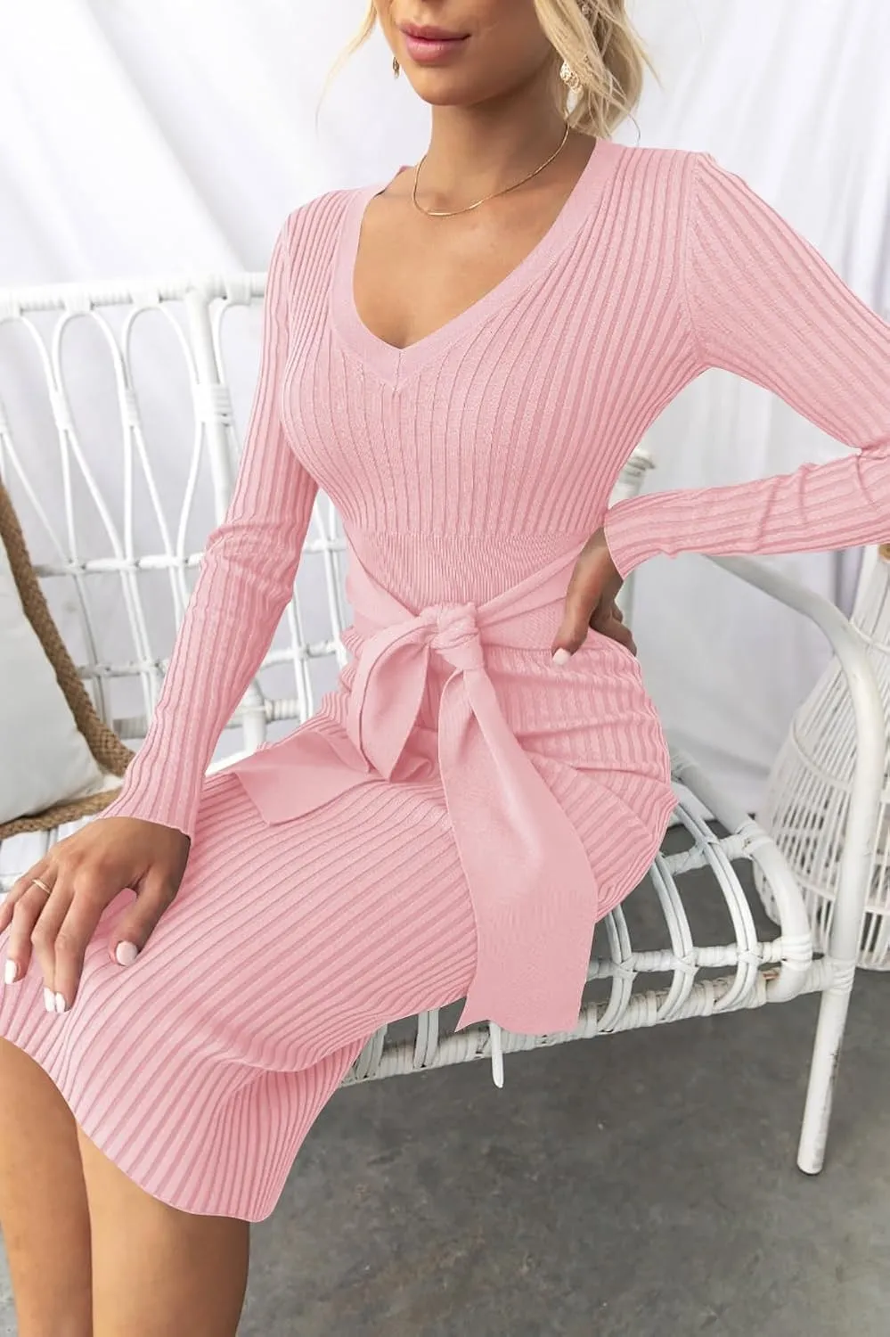 ZESICA Women's Spring Sweater Dress V Neck Long Sleeve Ribbed Knit Tie Waist Slim Fit Bodycon Midi Dresses