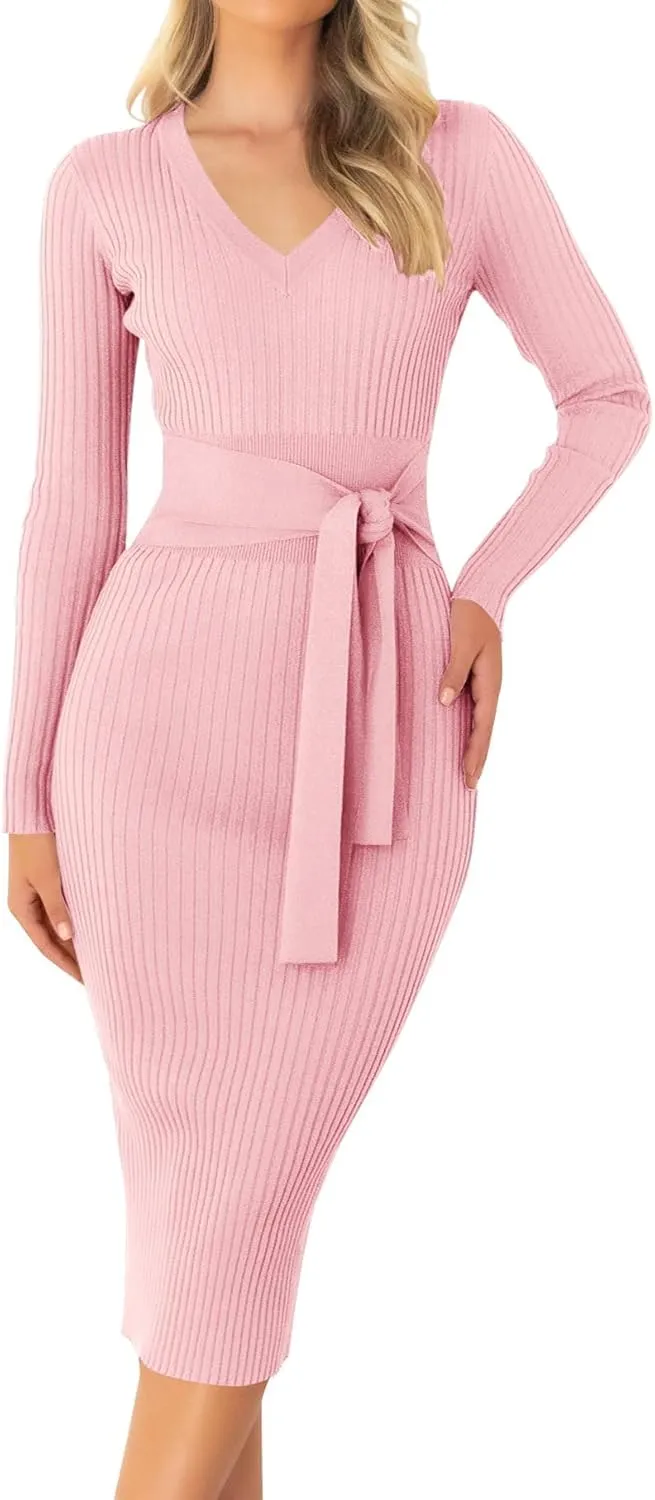 ZESICA Women's Spring Sweater Dress V Neck Long Sleeve Ribbed Knit Tie Waist Slim Fit Bodycon Midi Dresses